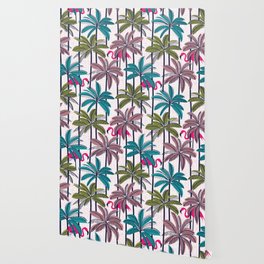 Retro vacation mode // white background highball green peacock blue and dry rose palm trees oxford navy blue lines fuchsia pink flamingos Wallpaper