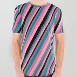 [ Thumbnail: Light Slate Gray, Dark Cyan, Hot Pink, Light Pink, and Black Colored Striped/Lined Pattern All Over Graphic Tee ]