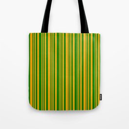 [ Thumbnail: Orange and Green Colored Stripes Pattern Tote Bag ]