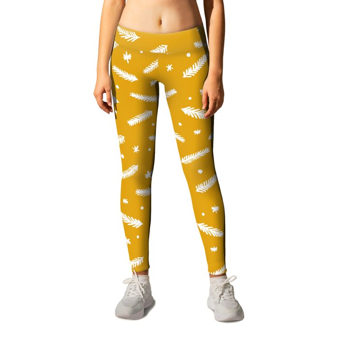 Christmas branches and stars - yellow and white Leggings