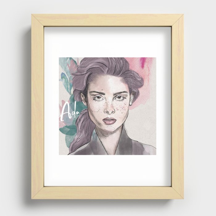 Girl with pink freckles and flowers Recessed Framed Print