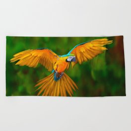 Flying Golden Blue Macaw Parrot Green  Art Beach Towel