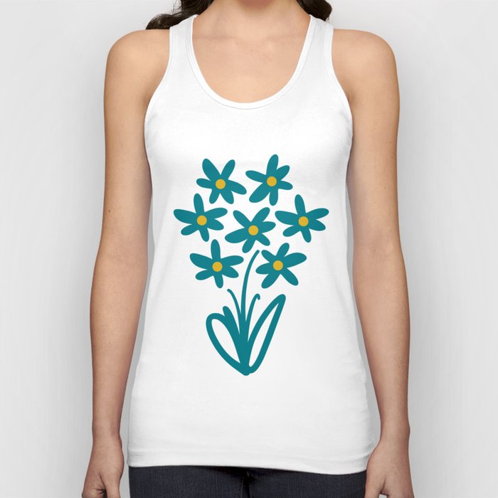 Daisy Time Retro Floral Pattern in Moroccan Teal Blue, Mustard, and Ochre Tank Top