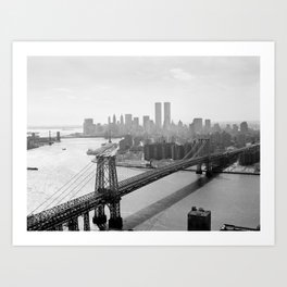 Williamsburg Bridge, East River at South Sixth St. & Twin Towers, New York City skyline photograph Art Print