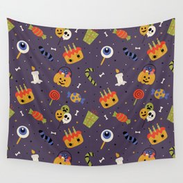 Seamless Pattern with Cartoon Halloween on Purple Background Wall Tapestry