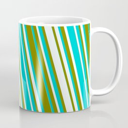 [ Thumbnail: Dark Turquoise, Mint Cream, and Green Colored Striped/Lined Pattern Coffee Mug ]