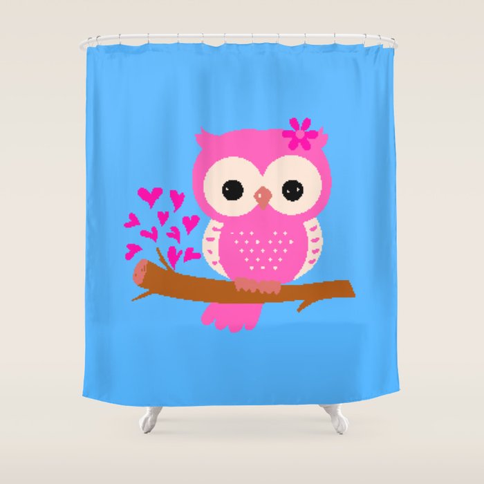 Pink Owl On A Branch 8 Bit Pixel Art Shower Curtain By