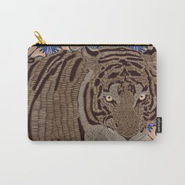 Tiger on abstract stripey wavy blue and brown pattern Carry-All Pouch