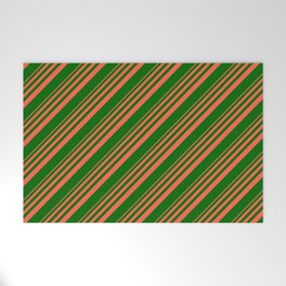 [ Thumbnail: Red and Dark Green Colored Stripes Pattern Welcome Mat ]