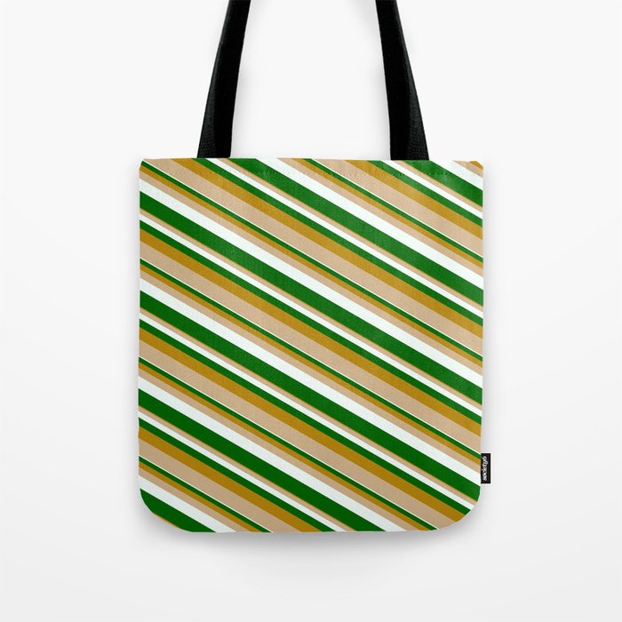 Dark Goldenrod, Tan, Mint Cream & Dark Green Colored Lined/Striped Pattern Tote Bag