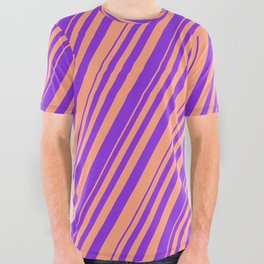 [ Thumbnail: Purple & Light Salmon Colored Striped/Lined Pattern All Over Graphic Tee ]