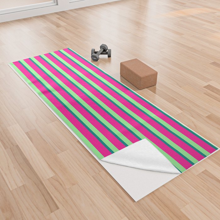 Green, Teal, and Deep Pink Colored Stripes Pattern Yoga Towel