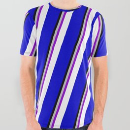 [ Thumbnail: Colorful Grey, Dark Violet, White, Blue & Black Colored Stripes Pattern All Over Graphic Tee ]