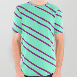 [ Thumbnail: Aquamarine, Brown, and Dark Violet Colored Pattern of Stripes All Over Graphic Tee ]