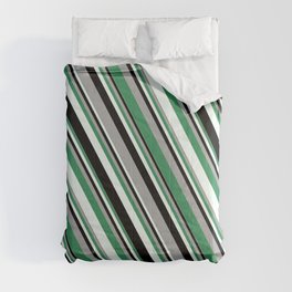 [ Thumbnail: Dark Gray, Sea Green, Mint Cream, and Black Colored Stripes/Lines Pattern Comforter ]