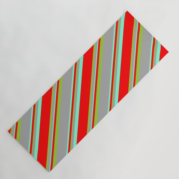 Dark Gray, Aquamarine, Red & Green Colored Lines Pattern Yoga Mat