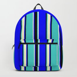 [ Thumbnail: Blue, Light Yellow, Turquoise, and Black Colored Striped/Lined Pattern Backpack ]