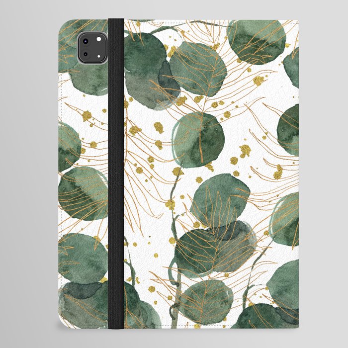 Abstract gold glitter green watercolor eucalyptus leaf iPad Folio Case