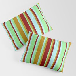 [ Thumbnail: Light Green, Dark Goldenrod, Dark Red, and Turquoise Colored Lines/Stripes Pattern Pillow Sham ]