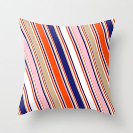 [ Thumbnail: Colorful Red, White, Tan, Midnight Blue, and Pink Colored Lines/Stripes Pattern Throw Pillow ]