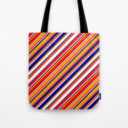 [ Thumbnail: White, Dark Blue, Orange & Red Colored Stripes/Lines Pattern Tote Bag ]