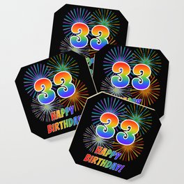 33rd Birthday "33" & "HAPPY BIRTHDAY!" w/ Rainbow Spectrum Colors + Fun Fireworks Inspired Pattern Coaster