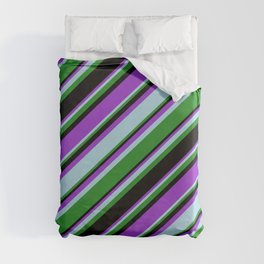 [ Thumbnail: Dark Orchid, Light Blue, Forest Green, and Black Colored Stripes/Lines Pattern Duvet Cover ]