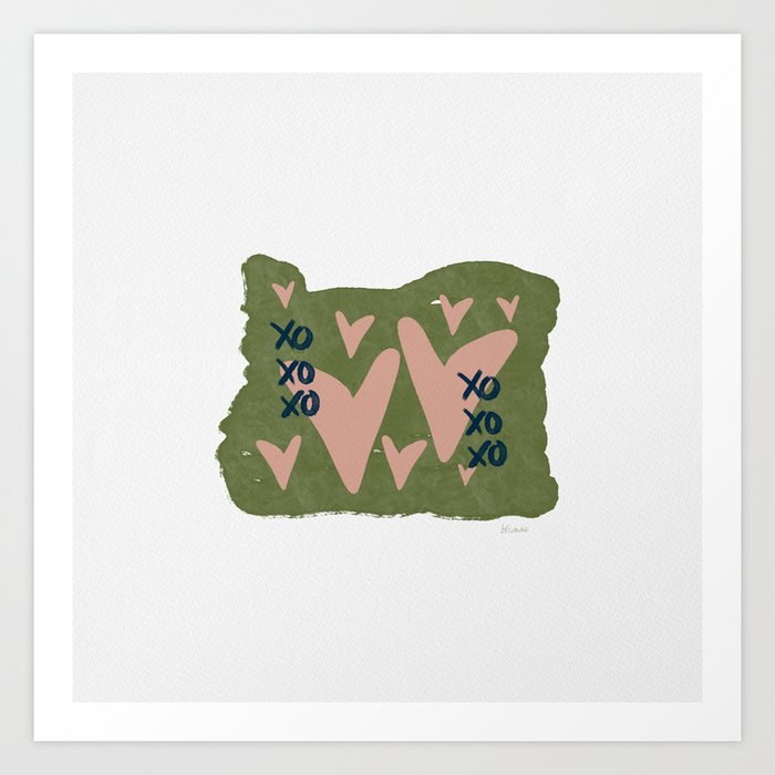 Love for Oregon - XOXO - Moss & Pink Art Print