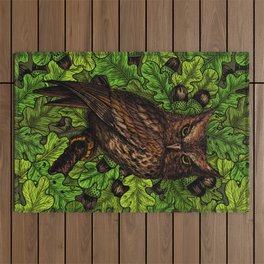 Owls in the oak tree, green and brown Outdoor Rug