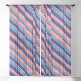 [ Thumbnail: Blue, Midnight Blue, and Salmon Colored Stripes Pattern Sheer Curtain ]
