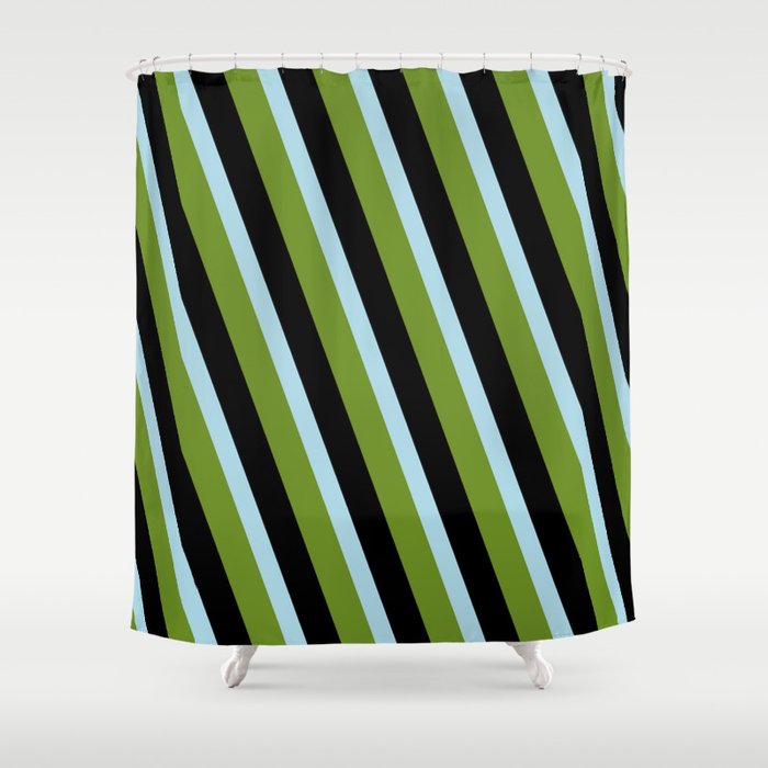 Light Blue, Green & Black Colored Striped/Lined Pattern Shower Curtain