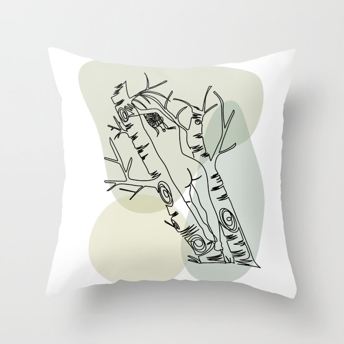 "Nude in Nature" - Nude Woman Between Two Trees - One Line Drawing - Line Art Throw Pillow