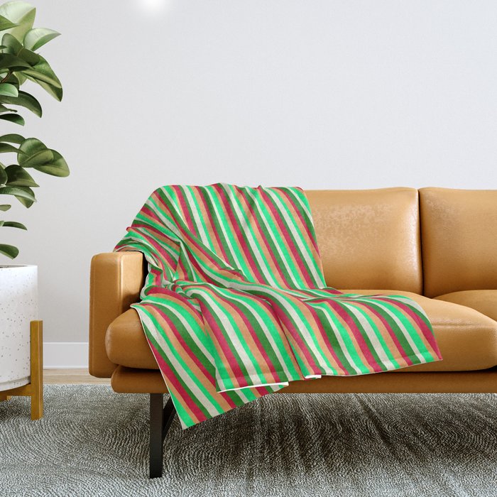 Brown, Green, Beige, Forest Green & Crimson Colored Lined Pattern Throw Blanket
