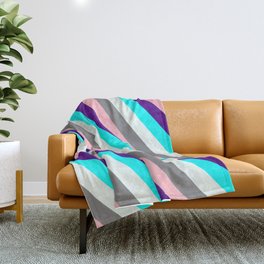 [ Thumbnail: Colorful Indigo, Cyan, Mint Cream, Grey, and Light Pink Colored Lined/Striped Pattern Throw Blanket ]