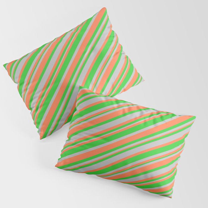 Coral, Lime Green, and Grey Colored Striped Pattern Pillow Sham