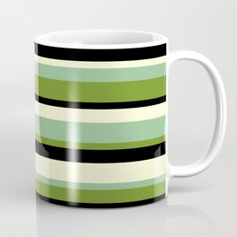 [ Thumbnail: Dark Sea Green, Green, Black & Light Yellow Colored Striped/Lined Pattern Coffee Mug ]