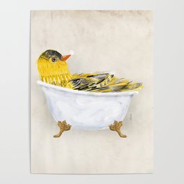 Canary Yellow Bird clawfoot tub bubble bath soap art artwork birdbath  Poster