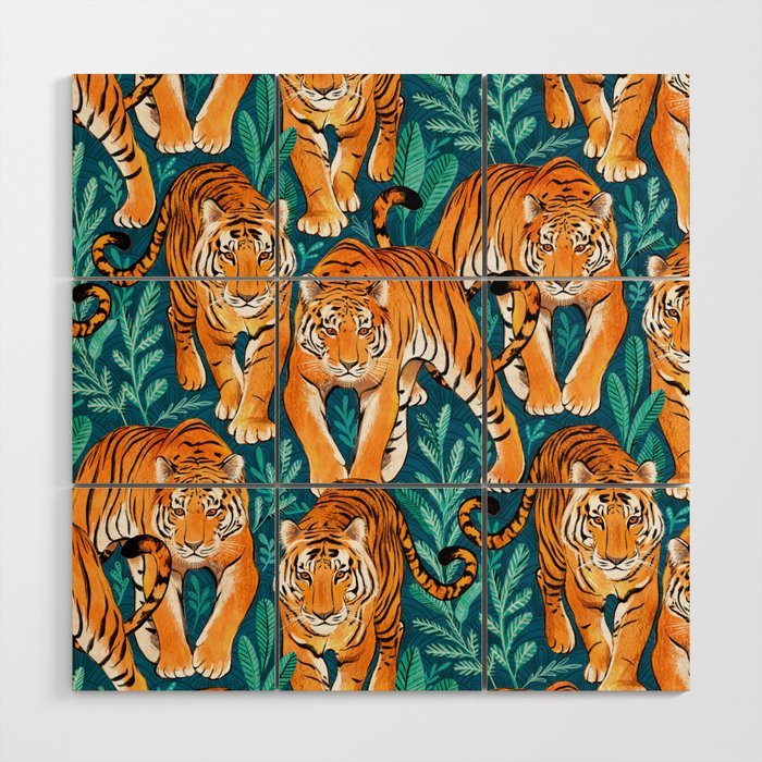 The Hunt - Stalking Tigers on Teal Blue and Green Wood Wall Art