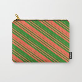 [ Thumbnail: Red and Forest Green Colored Striped Pattern Carry-All Pouch ]
