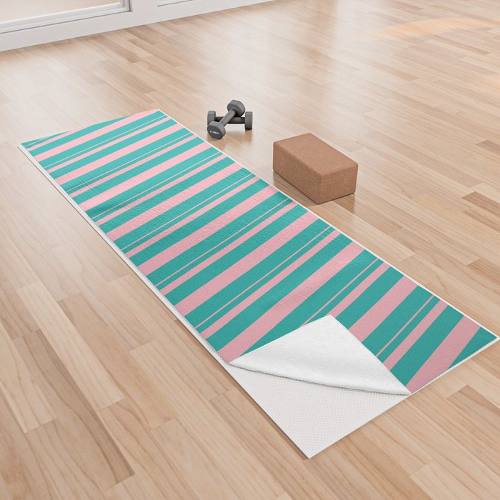 Light Sea Green and Light Pink Colored Striped/Lined Pattern Yoga Towel