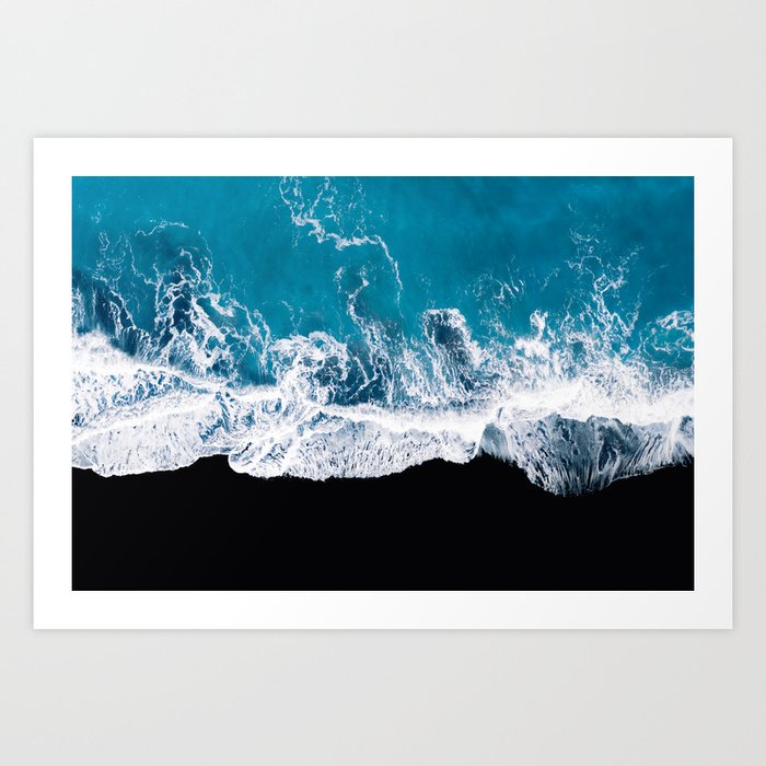 Black sand beach with waves and blue Ocean in Iceland – Minimal Photography  Art Print by Michael Schauer