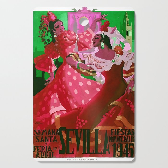 Seville, Spain green Fiestas Primaverales Dark Haired Flamenco Female Dancers in red traje de flamenca  Cutting Board
