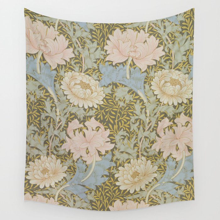 William Morris Vintage Chrysanthemum Pastel Pink Gold Blue 1876  Wall Tapestry