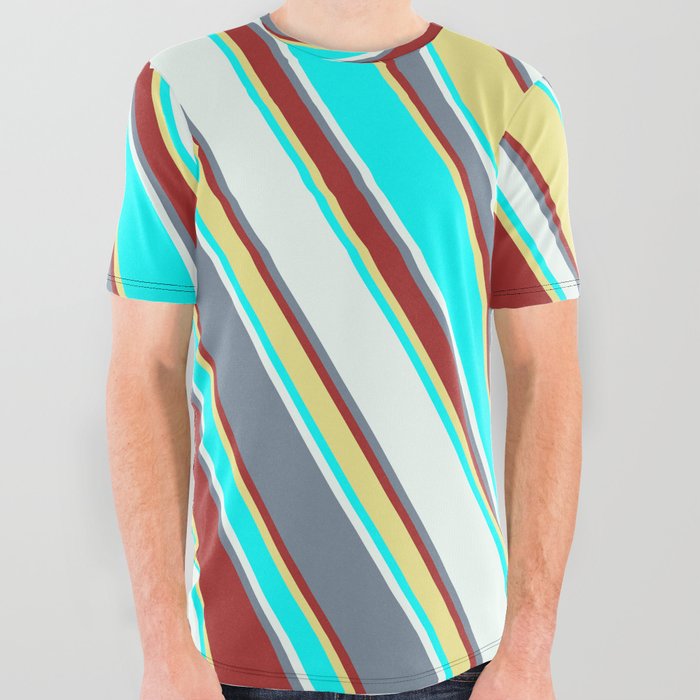 Light Slate Gray, Brown, Tan, Aqua, and Mint Cream Colored Lined Pattern All Over Graphic Tee