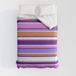 [ Thumbnail: Colorful Chocolate, Indigo, Medium Slate Blue, Light Cyan, and Orchid Colored Stripes Pattern Comforter ]