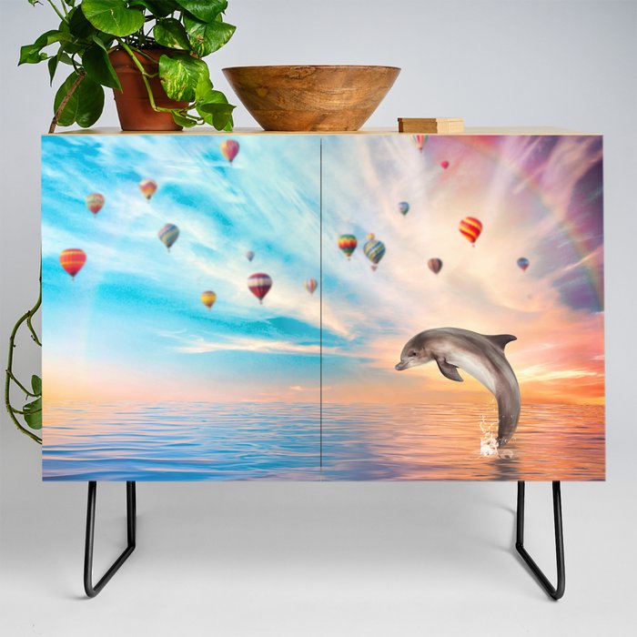 Dolphin with an Ocean Sunset Sky Credenza