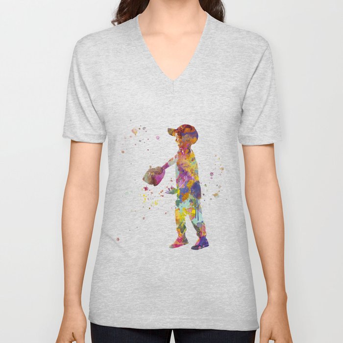 Boy plays baseball in watercolor V Neck T Shirt