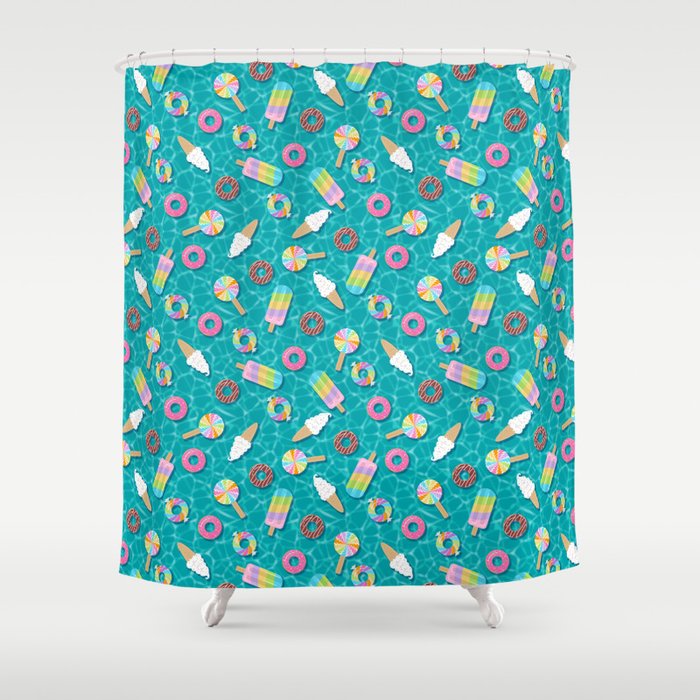 Sweet Treats Pool Floats Pattern – Turquoise Shower Curtain