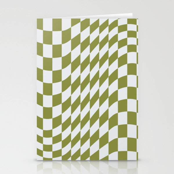 Warped Checkerboard Pattern in Olive Green & White Stationery Cards