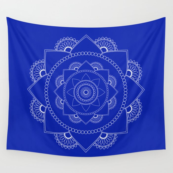Mandala 01 White on Royal Blue Wall Tapestry by Courtney Averett